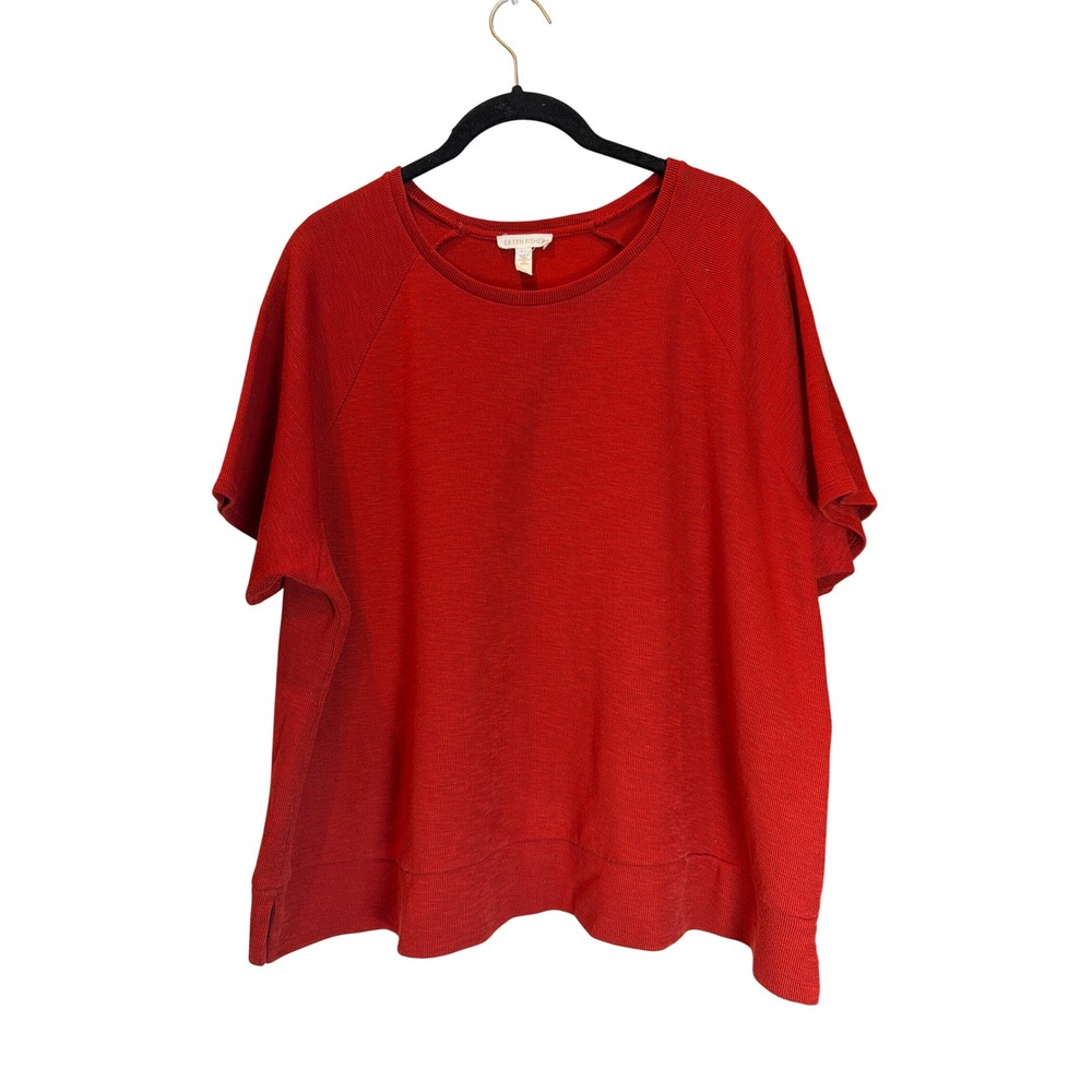 Eileen Fisher Red Organic Cotton Ribbed Raglan Short Sleeve Top Large